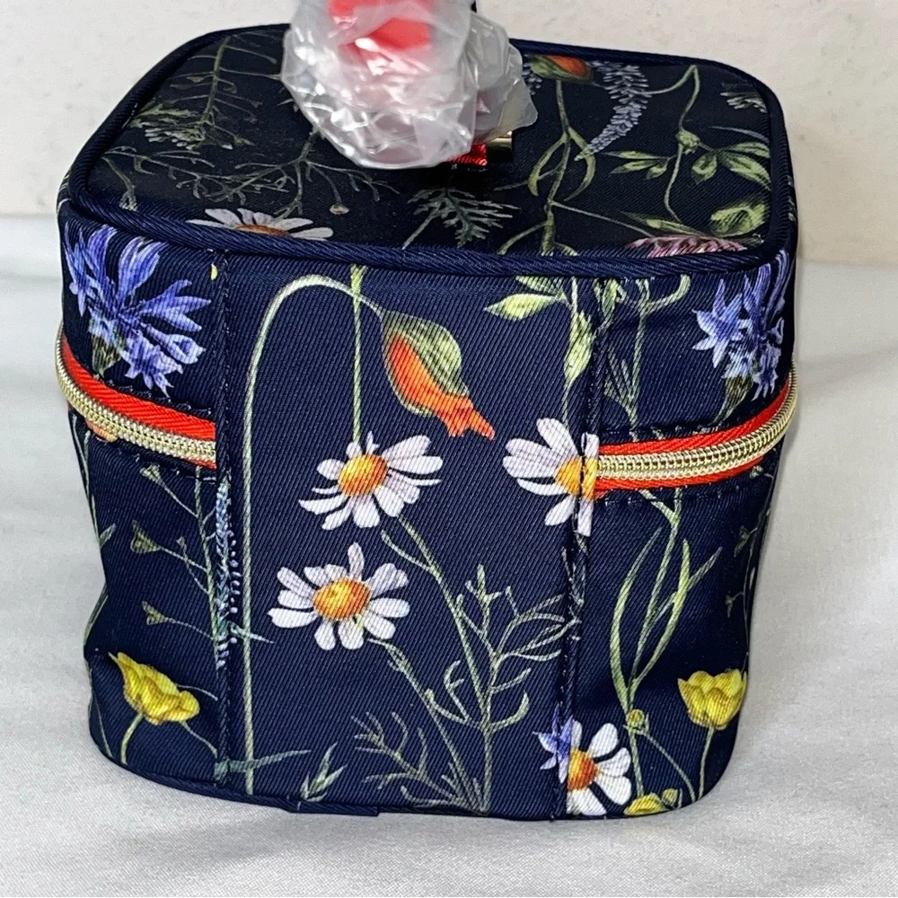 Estee Lauder Floral Print Double Zip Orange Top Handle Wristlet Mini Square Bag - Picture 4 of 11